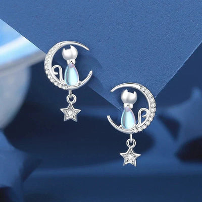 Silver Cat Earrings with Moon, Star, and Zircons
