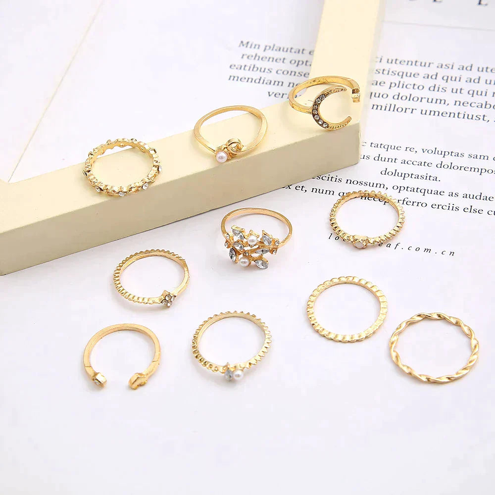 Set of 10 Elegant Bohemian Rings in Silver and Gold