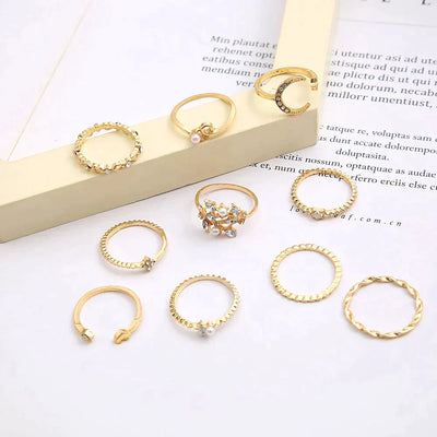 Set of 10 Elegant Bohemian Rings in Silver and Gold