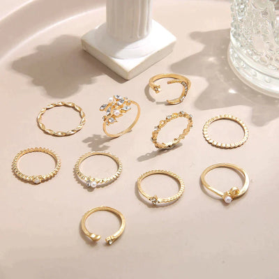 Set of 10 Elegant Bohemian Rings in Silver and Gold