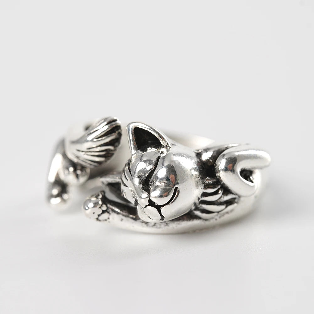 Cute Fortune Cat Shaped Silver Ring