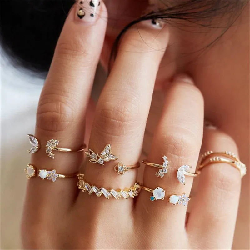 Silver and Gold Crystal Rings Set
