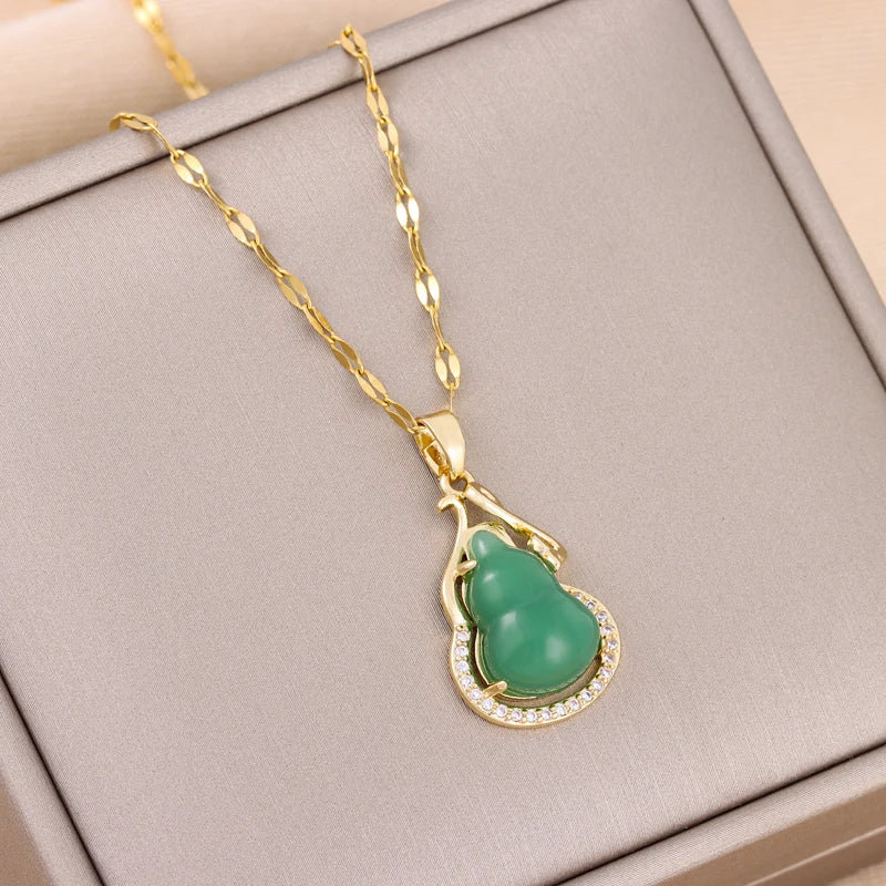Green Zircon Crystal Pendant Stainless Steel Necklace
