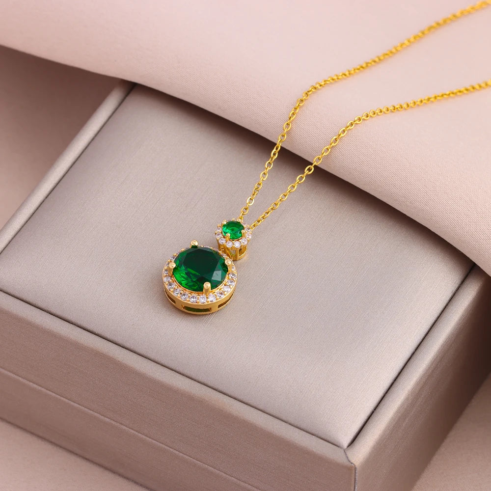 Green Zircon Crystal Pendant Stainless Steel Necklace