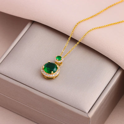 Green Zircon Crystal Pendant Stainless Steel Necklace