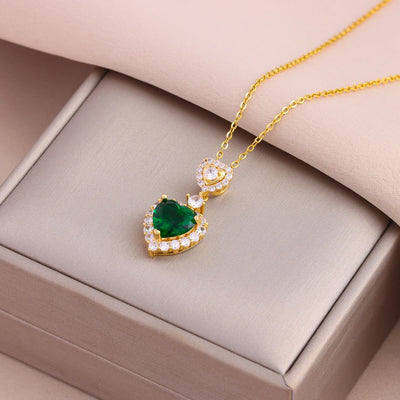 Green Zircon Crystal Pendant Stainless Steel Necklace