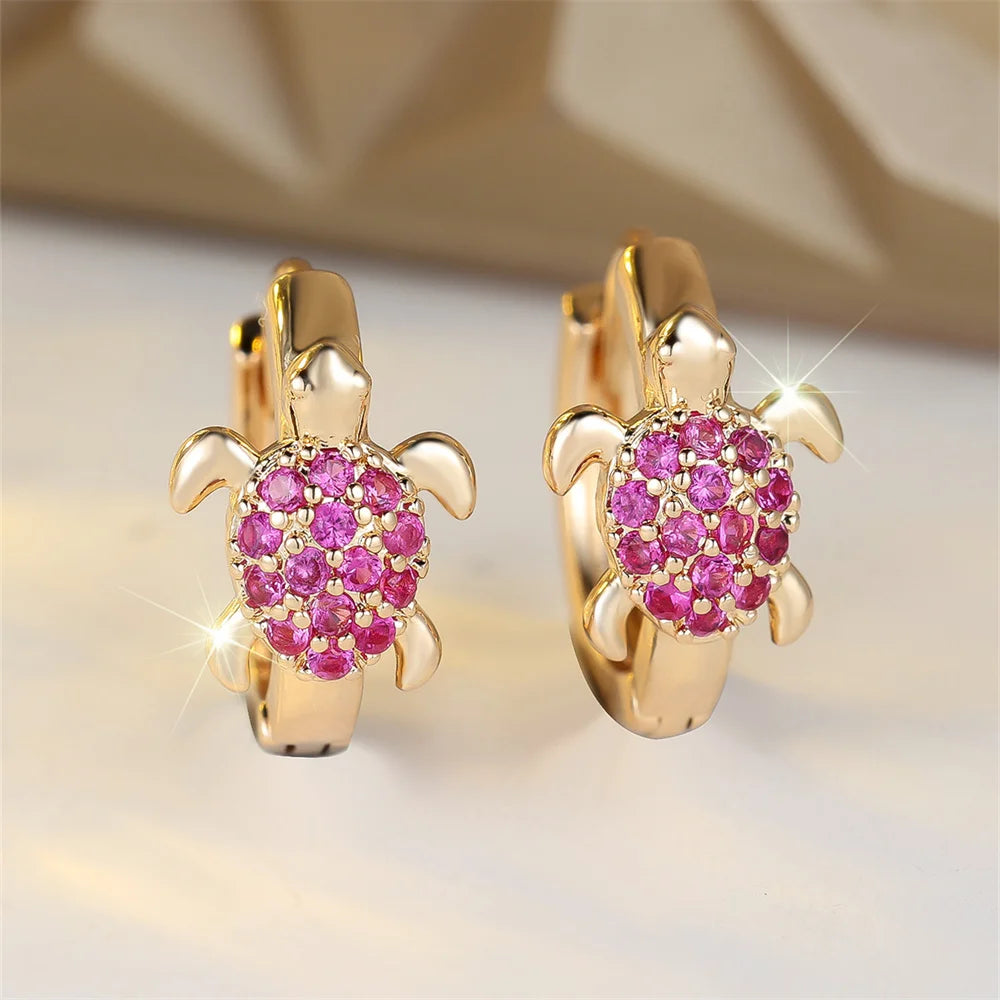 Green Zircon Stone Cute Sea Turtle Hoop Earrings