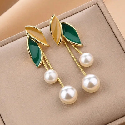 Pearl Dangle Stud Green Leaf Earrings