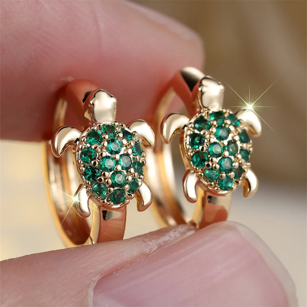 Green Zircon Stone Cute Sea Turtle Hoop Earrings