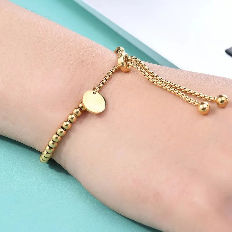 Stainless Steel Golden Bead Bracelet for Women Adjustable Chain Bracelets