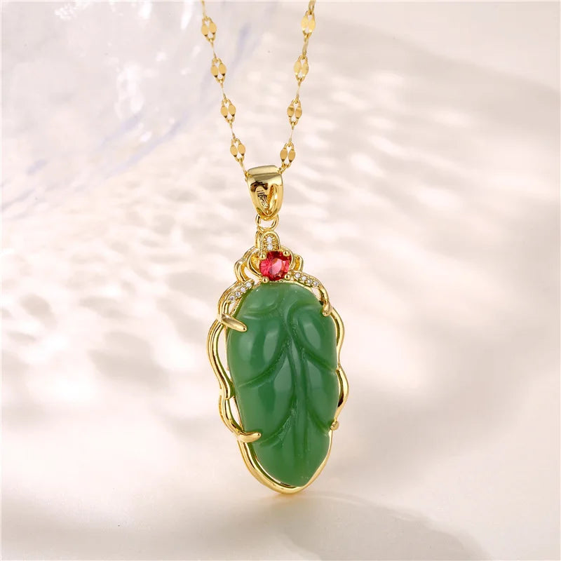 Green Zircon Crystal Pendant Stainless Steel Necklace