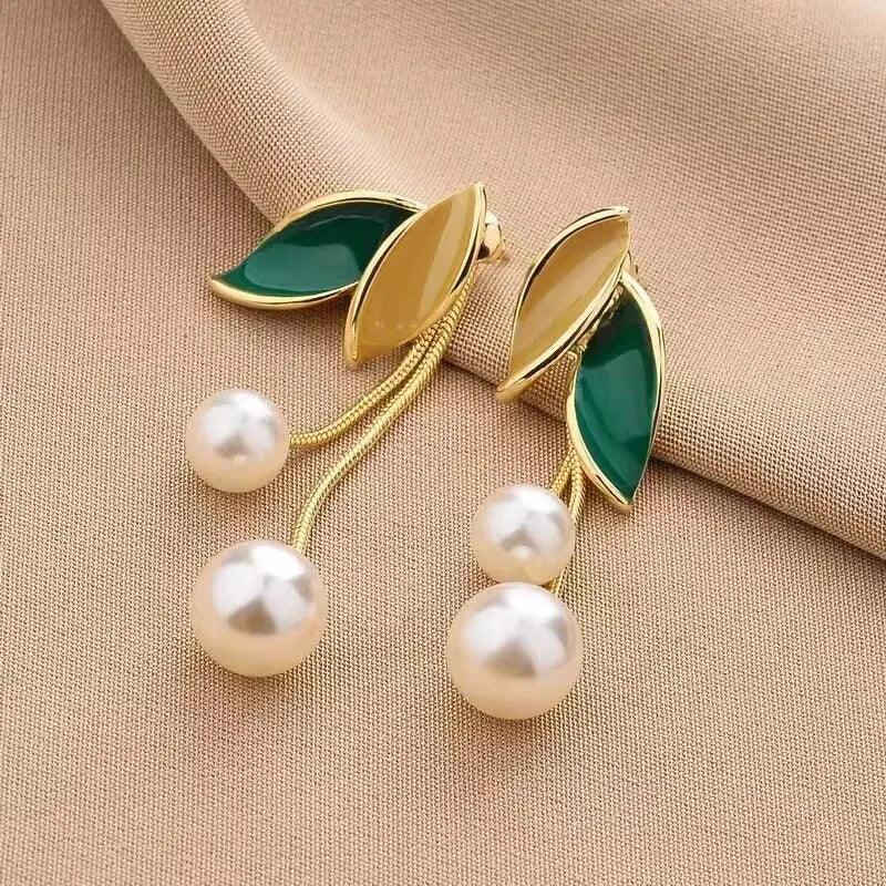 Pearl Dangle Stud Green Leaf Earrings