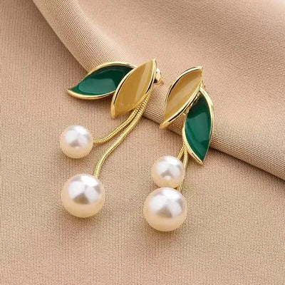 Pearl Dangle Stud Green Leaf Earrings