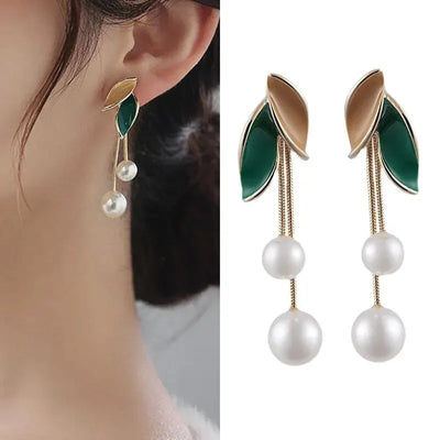 Pearl Dangle Stud Green Leaf Earrings