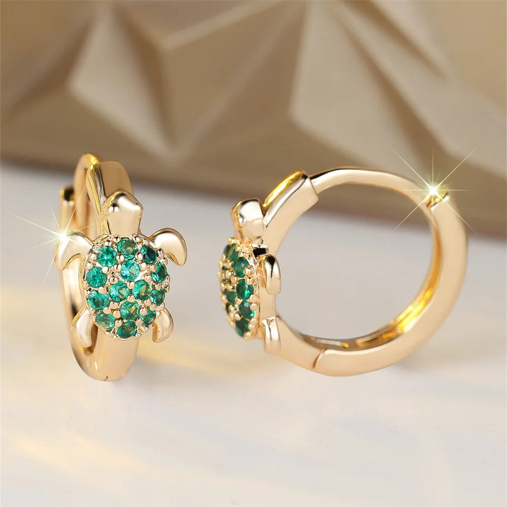 Green Zircon Stone Cute Sea Turtle Hoop Earrings