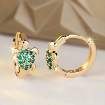 Green Zircon Stone Cute Sea Turtle Hoop Earrings