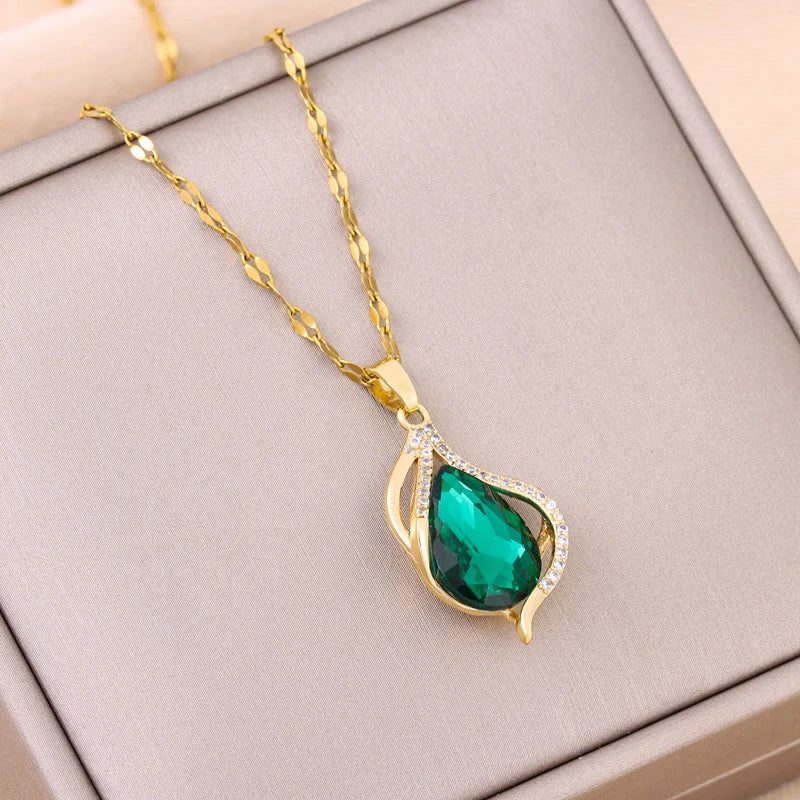 Green Zircon Crystal Pendant Stainless Steel Necklace