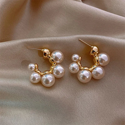 Gold Hoop Pearl C Shape Earrings