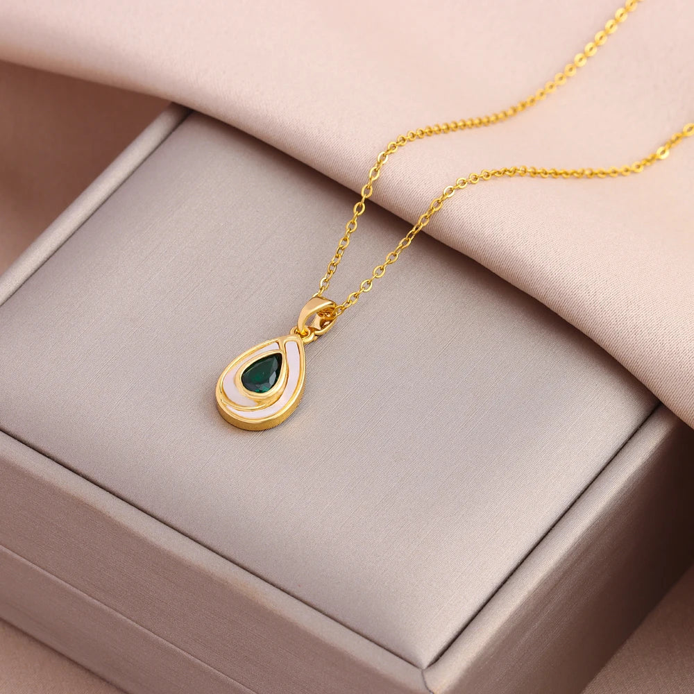 Green Zircon Crystal Pendant Stainless Steel Necklace