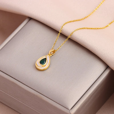 Green Zircon Crystal Pendant Stainless Steel Necklace