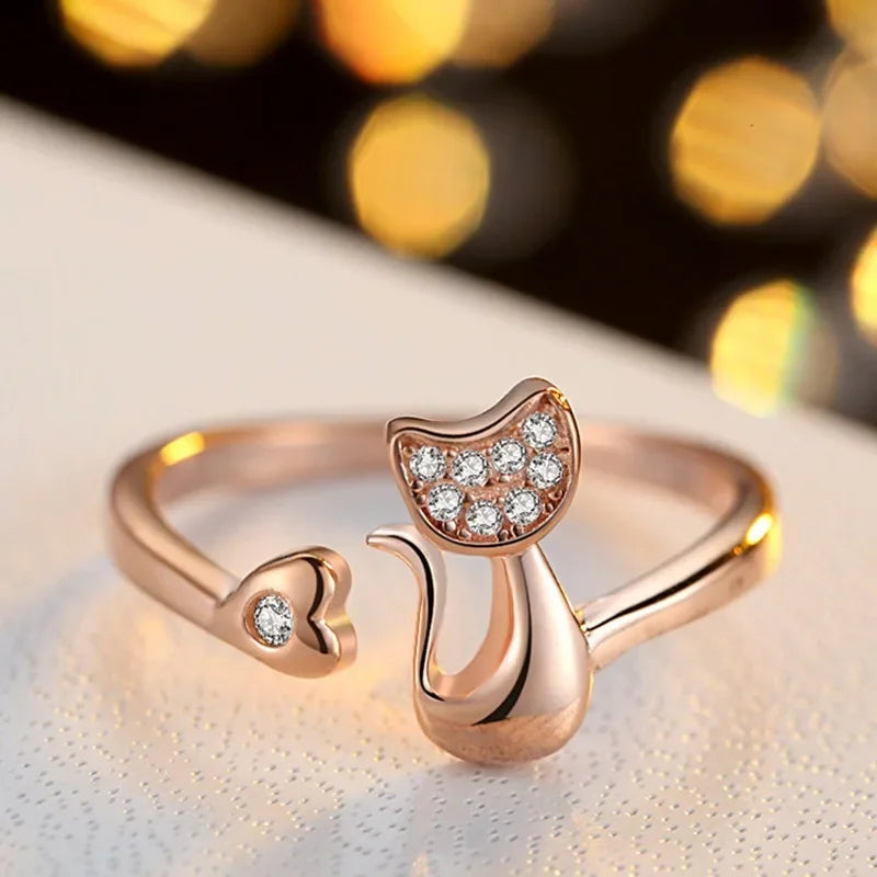 Open Cat Ring with Cute Design – Zircon Stones