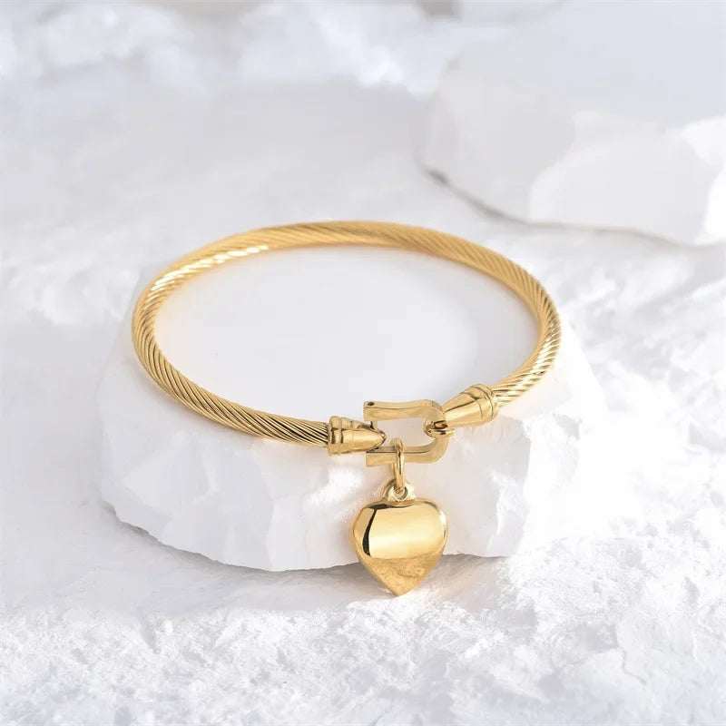 18k Gold Color Stainless Steel Heart Pendant Charm Bangle Bracelets