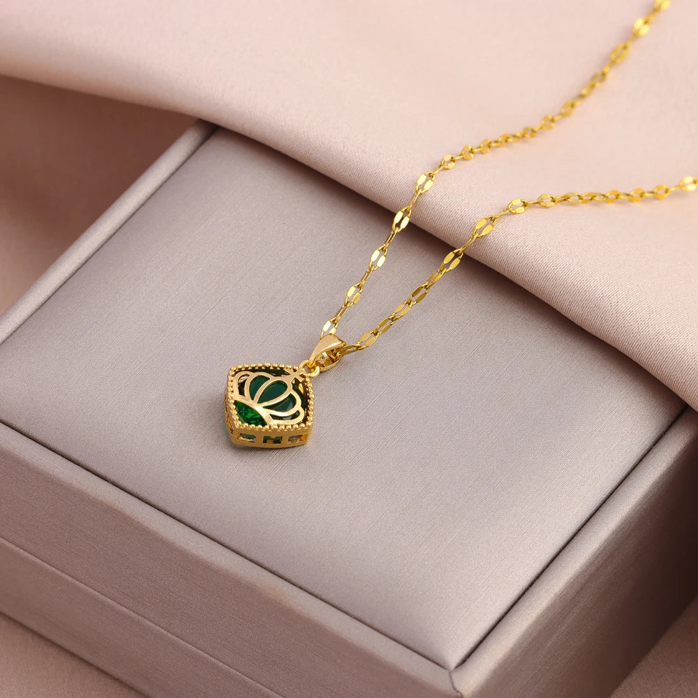 Green Zircon Crystal Pendant Stainless Steel Necklace