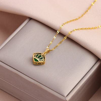 Green Zircon Crystal Pendant Stainless Steel Necklace