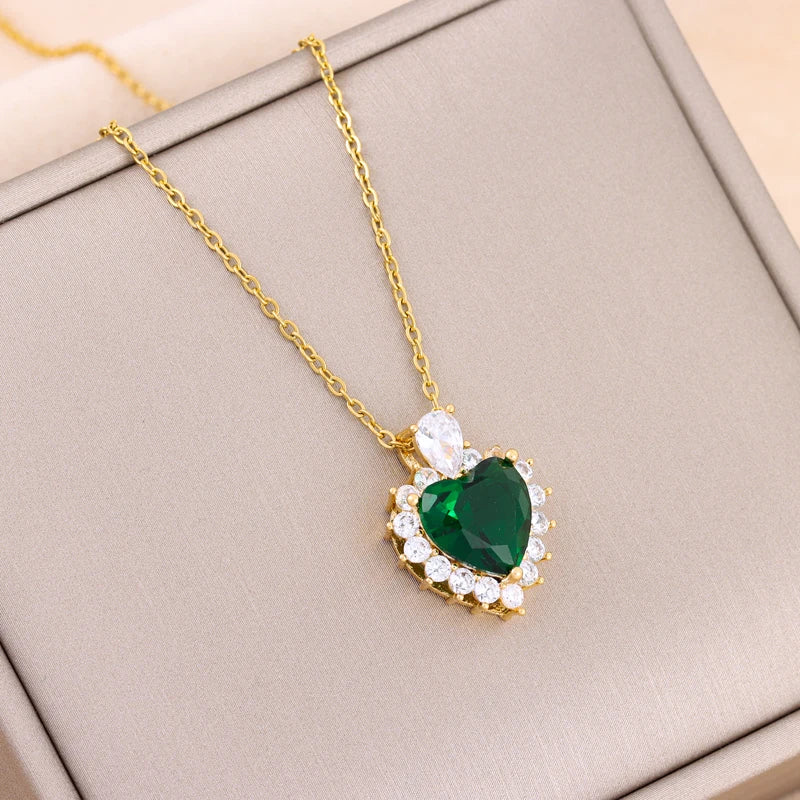 Green Zircon Crystal Pendant Stainless Steel Necklace