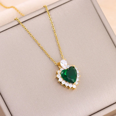 Green Zircon Crystal Pendant Stainless Steel Necklace