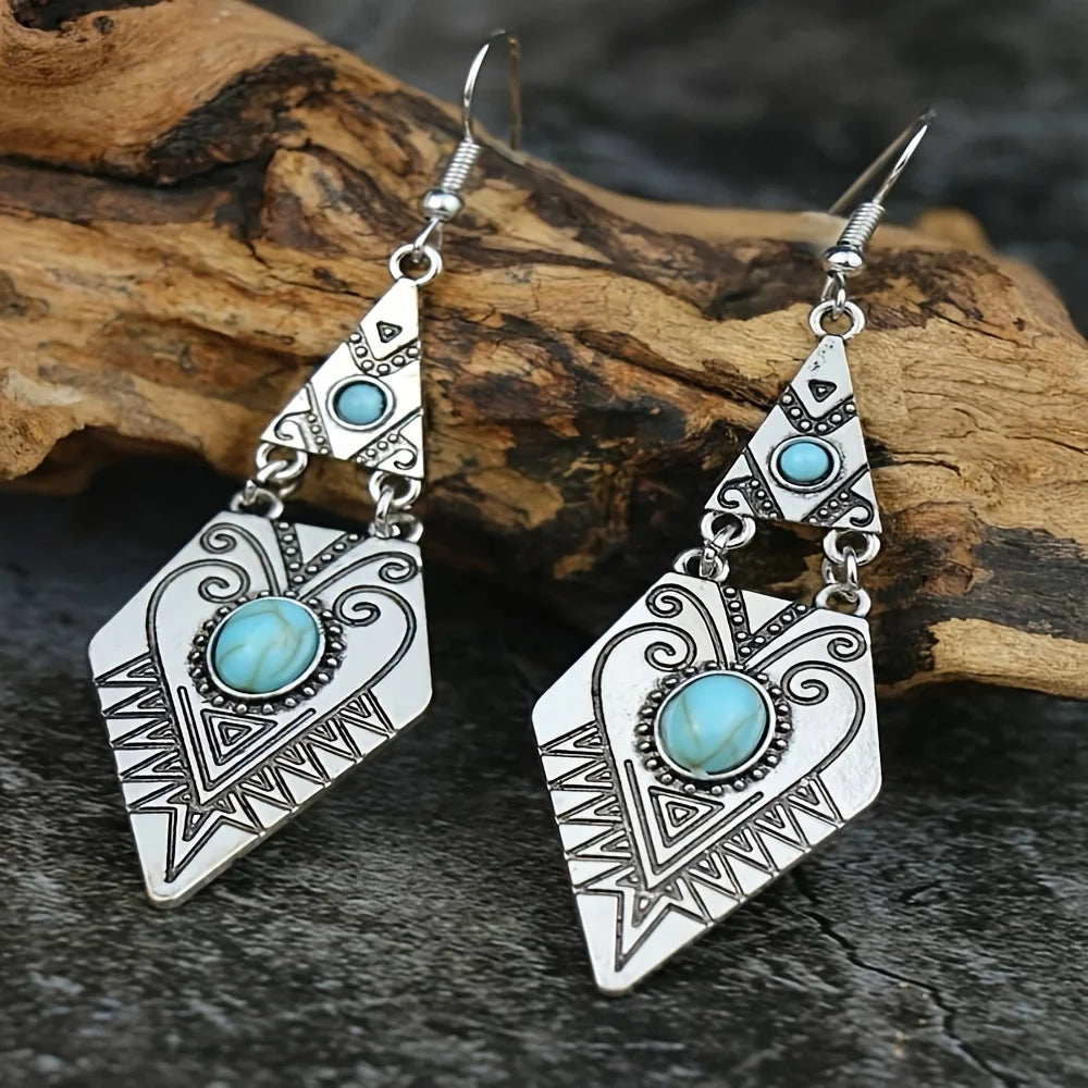 Vintage Bohemian Geometric Rhombus Turquoise Handmade Earrings