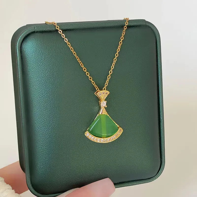 Green Zircon Crystal Pendant Stainless Steel Necklace