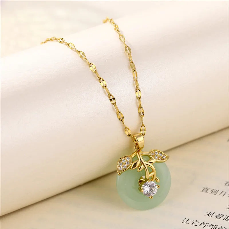Green Zircon Crystal Pendant Stainless Steel Necklace