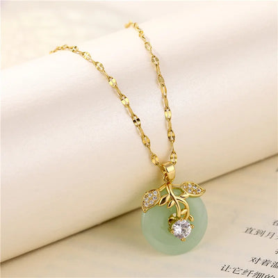 Green Zircon Crystal Pendant Stainless Steel Necklace