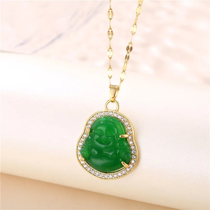 Green Zircon Crystal Pendant Stainless Steel Necklace