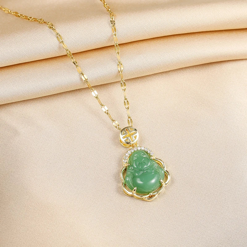Green Zircon Crystal Pendant Stainless Steel Necklace