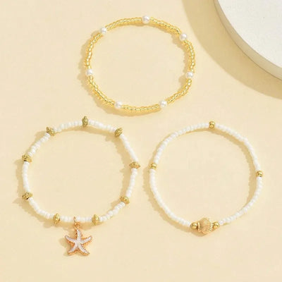 Summer Bohemian Style Starfish Shell Millet Bead Ankle Chain Three-Layer Set