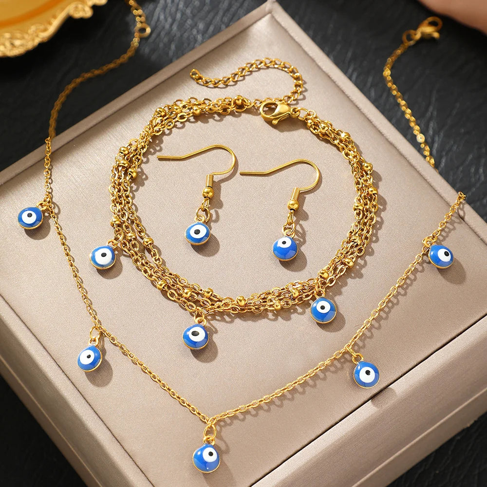 Boho Devil's Eye Stud Earrings Bracelet and Necklace Set