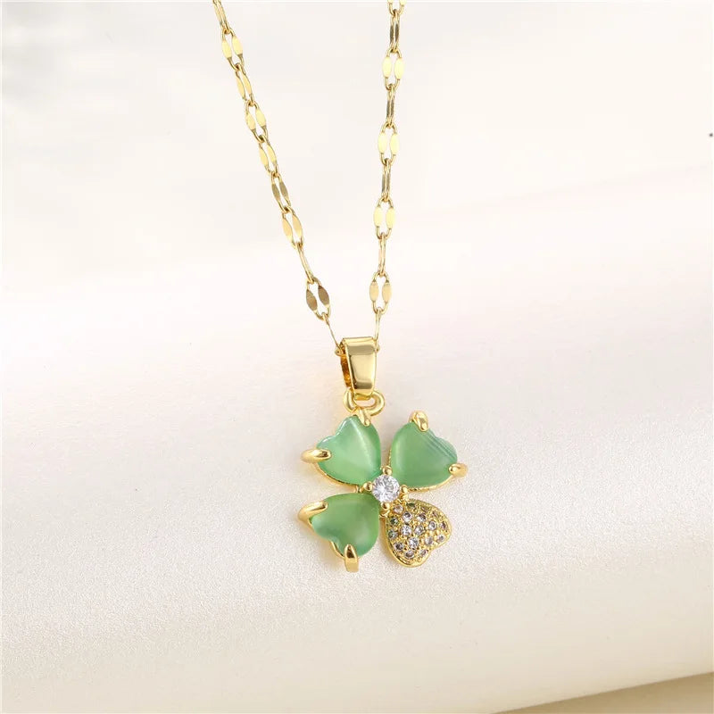 Green Zircon Crystal Pendant Stainless Steel Necklace