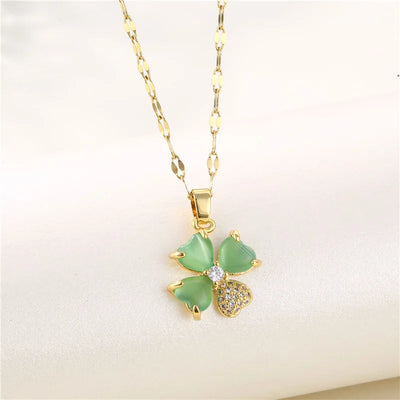 Green Zircon Crystal Pendant Stainless Steel Necklace