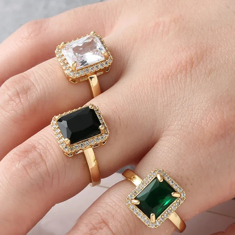 Elegant Copper Inlaid Square Emerald Zircon Ring