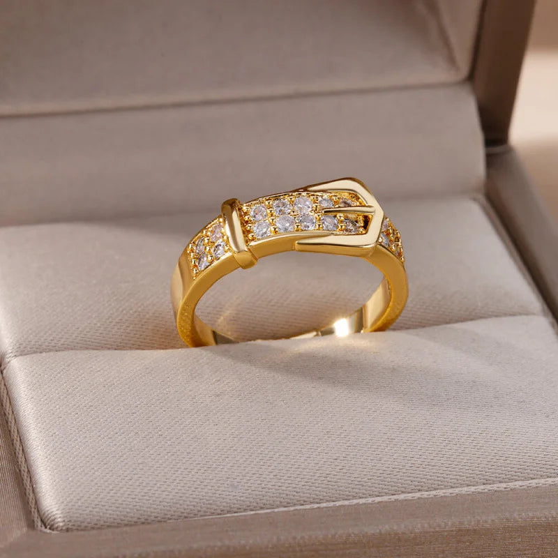 Chic Gold Buckle Shaped With Sparkling Zircon Adjustable Ring