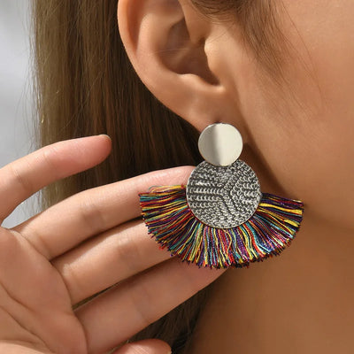 Bohemian Big Tassel Dangle White Fringe Earrings