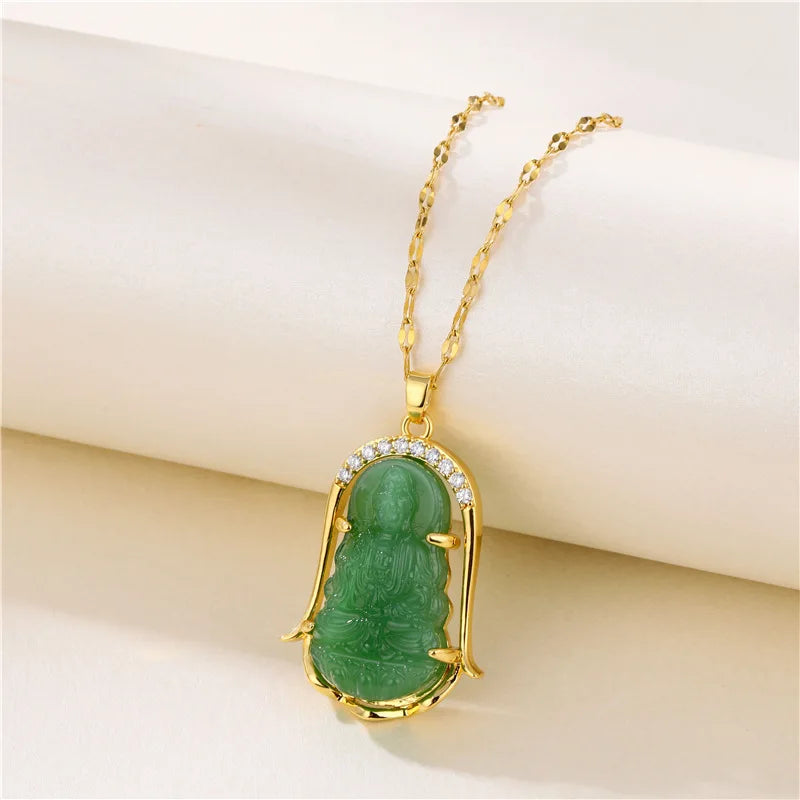 Green Zircon Crystal Pendant Stainless Steel Necklace