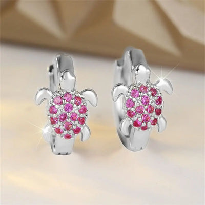 Green Zircon Stone Cute Sea Turtle Hoop Earrings