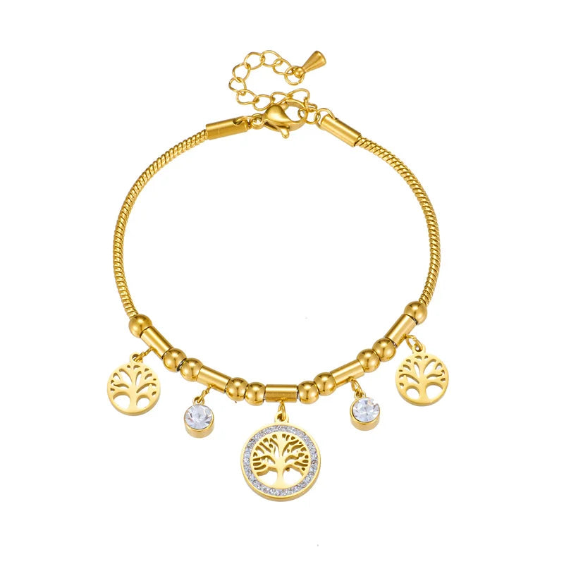 Elegant Gold Color Tree - of - Life Charms Bracelet With Shiny Zircon Stone