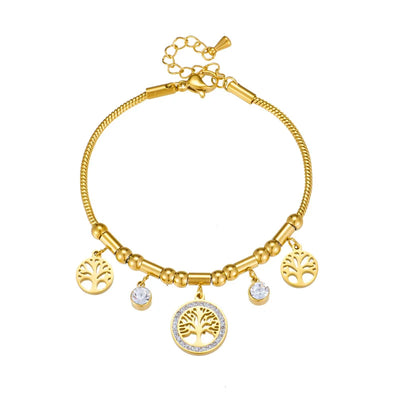 Elegant Gold Color Tree - of - Life Charms Bracelet With Shiny Zircon Stone
