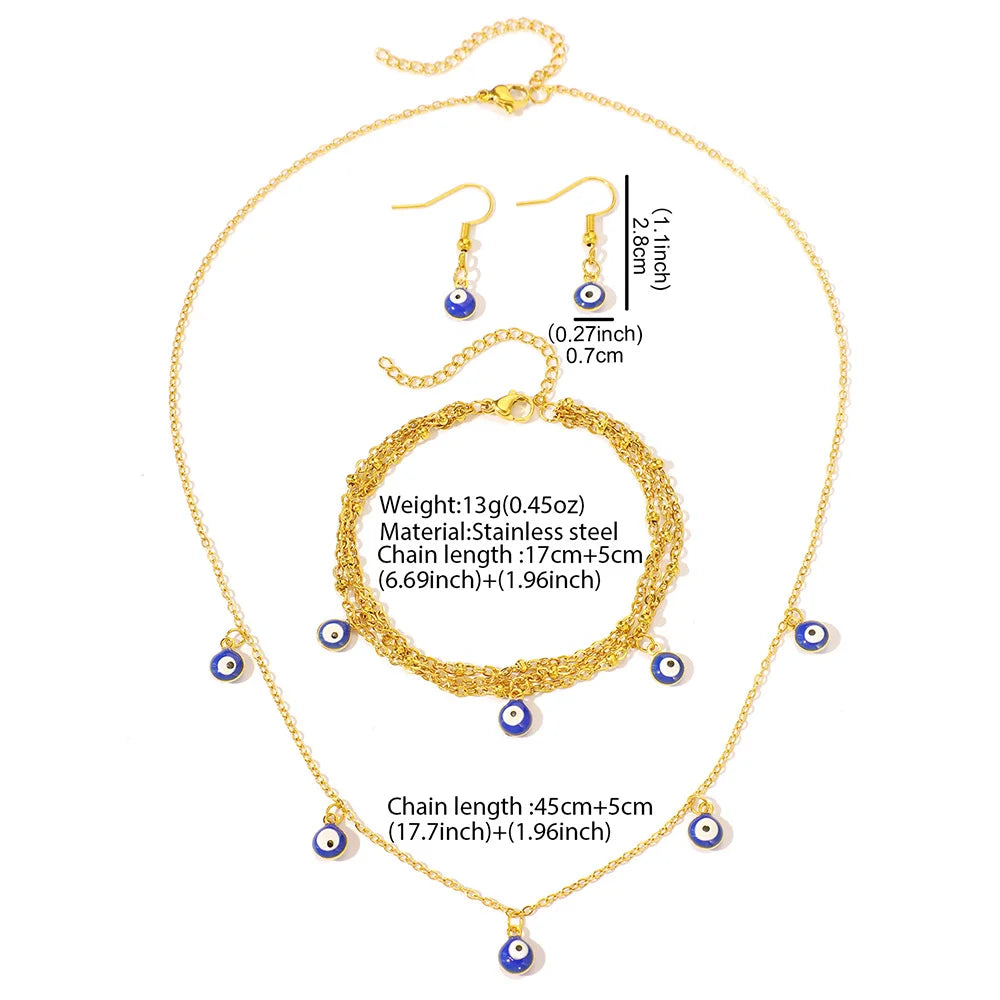 Boho Devil's Eye Stud Earrings Bracelet and Necklace Set