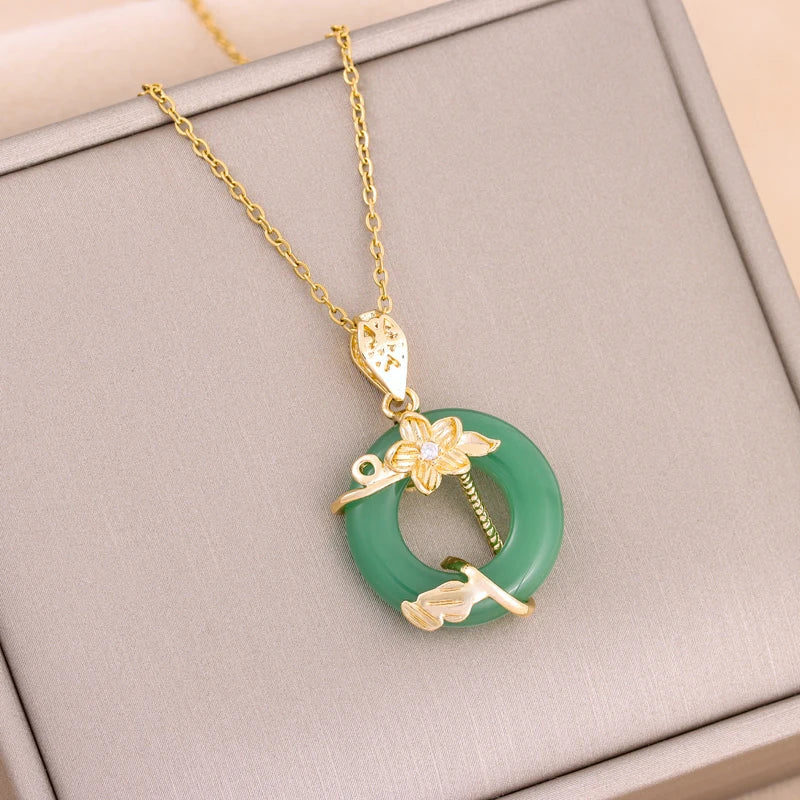 Green Zircon Crystal Pendant Stainless Steel Necklace