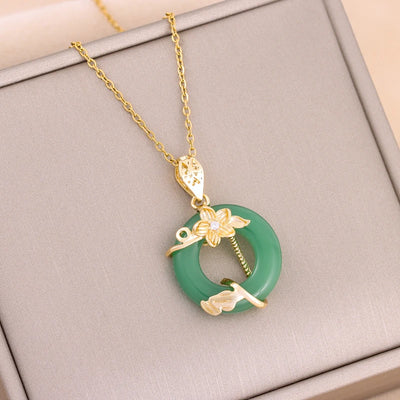 Green Zircon Crystal Pendant Stainless Steel Necklace